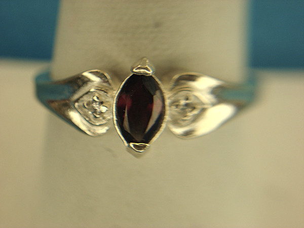 Sterling Silver Marquise Red Stone Ring with Sim Diamonds - Size 9.75 (Pre-Owned)