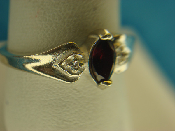 Sterling Silver Marquise Red Stone Ring with Sim Diamonds - Size 9.75 (Pre-Owned)