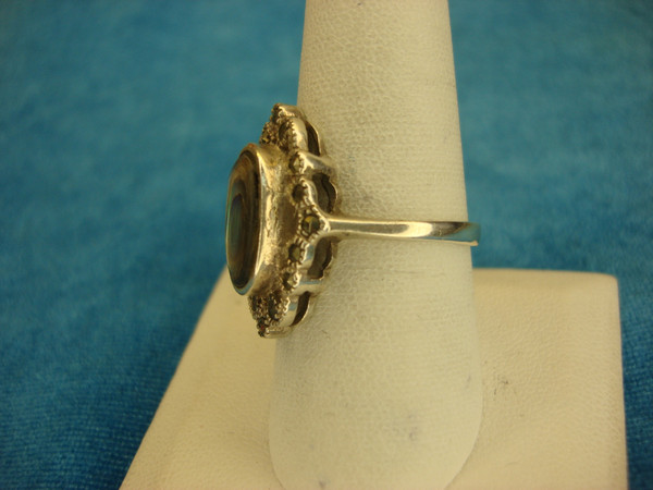 Stunning Sterling Silver Abalone Ring with Marcasites - Size 9