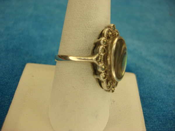 Stunning Sterling Silver Abalone Ring with Marcasites - Size 9
