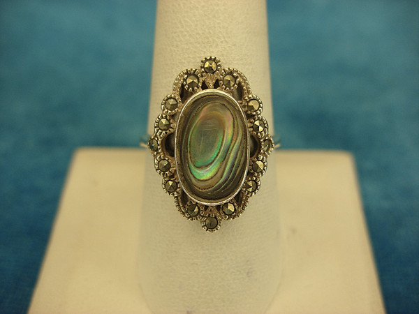 Stunning Sterling Silver Abalone Ring with Marcasites - Size 9