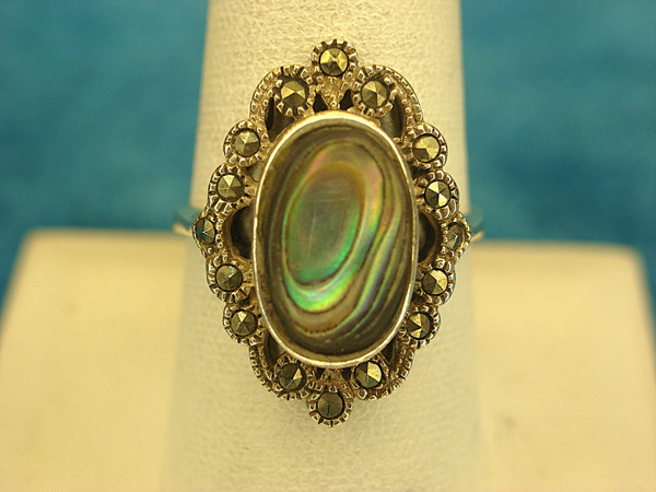Stunning Sterling Silver Abalone Ring with Marcasites - Size 9