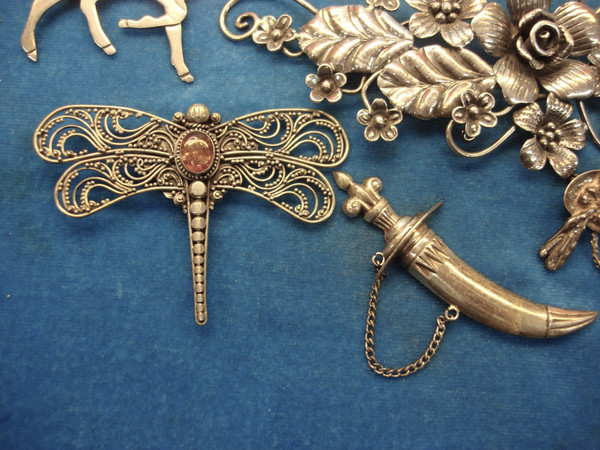 Estate Lot of 9 Authentic Sterling Silver Pins (113g) - $250+ Value