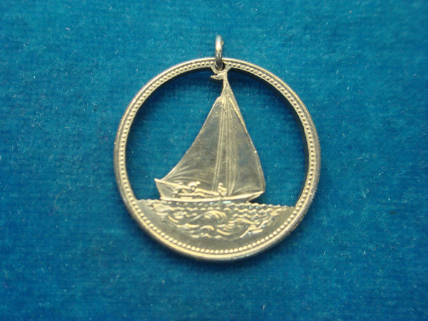 Vintage Bahamas 25 Cent Coin Charm & Pendant - Sailboat Cutout Design