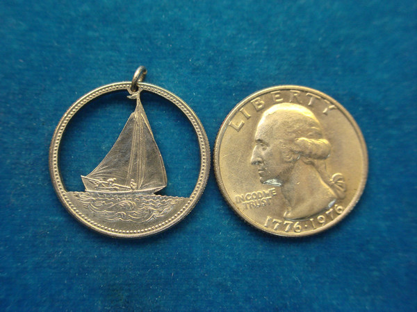Vintage Bahamas 25 Cent Coin Charm & Pendant - Sailboat Cutout Design
