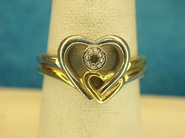 Sterling Silver Heart Ring with Gold Vermeil & Diamond Accent - Size 7 3/4