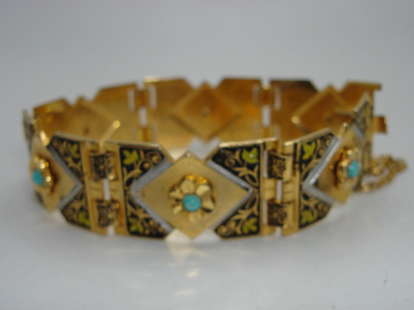Vintage 1960s Spanish Damascening Gold-Tone Bracelet | Floral & Blue Glass Accent | Estate Find