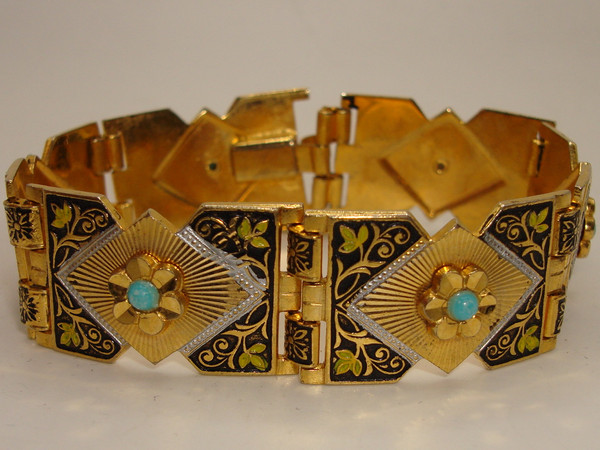 Vintage 1960s Spanish Damascening Gold-Tone Bracelet | Floral & Blue Glass Accent | Estate Find