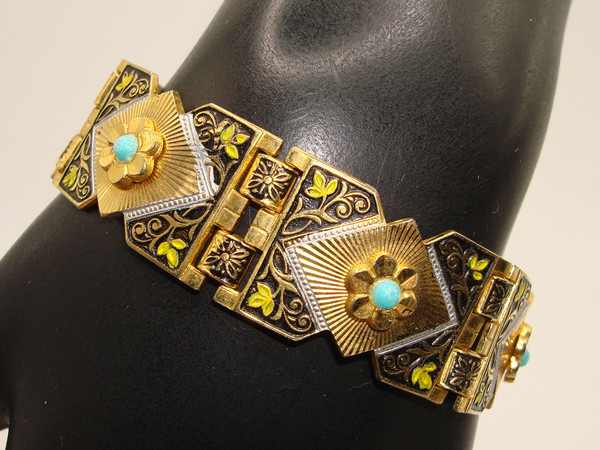 Vintage 1960s Spanish Damascening Gold-Tone Bracelet | Floral & Blue Glass Accent | Estate Find