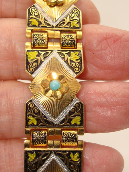 Vintage 1960s Spanish Damascening Gold-Tone Bracelet | Floral & Blue Glass Accent | Estate Find