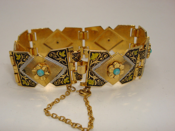Vintage 1960s Spanish Damascening Gold-Tone Bracelet | Floral & Blue Glass Accent | Estate Find