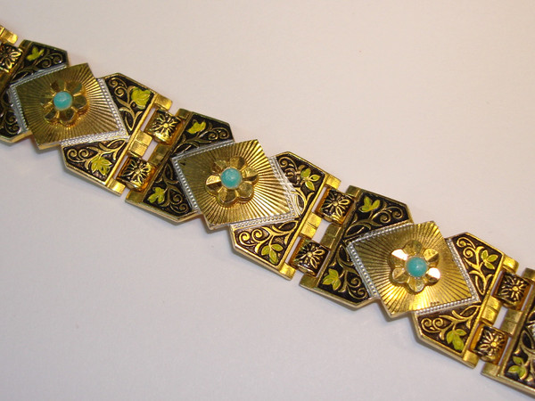 Vintage 1960s Spanish Damascening Gold-Tone Bracelet | Floral & Blue Glass Accent | Estate Find
