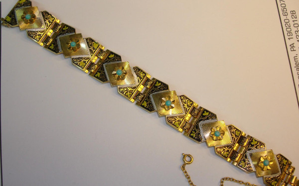Vintage 1960s Spanish Damascening Gold-Tone Bracelet | Floral & Blue Glass Accent | Estate Find