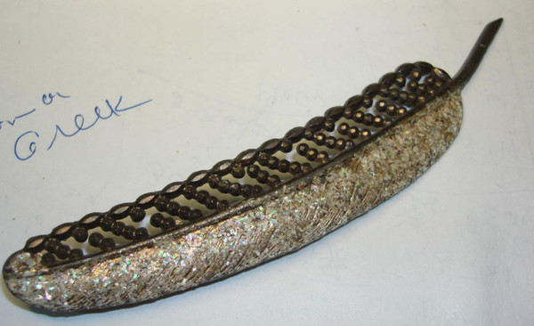 Antique Art Nouveau Plume Pin - Cut Steel & Crushed Mother of Pearl, 4.75