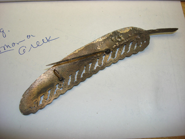 Antique Art Nouveau Plume Pin - Cut Steel & Crushed Mother of Pearl, 4.75