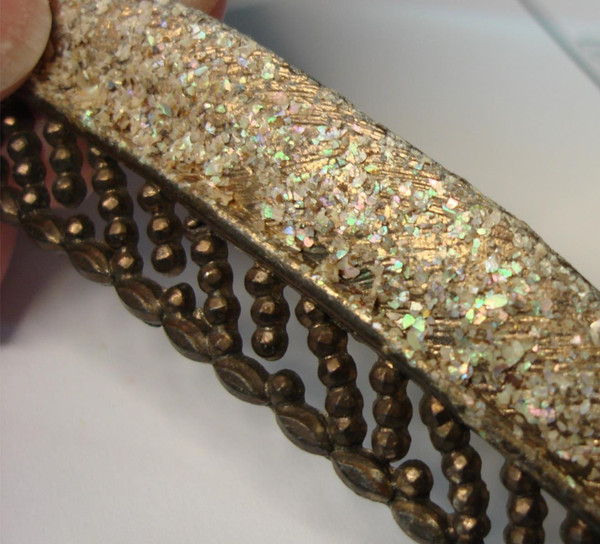 Antique Art Nouveau Plume Pin - Cut Steel & Crushed Mother of Pearl, 4.75