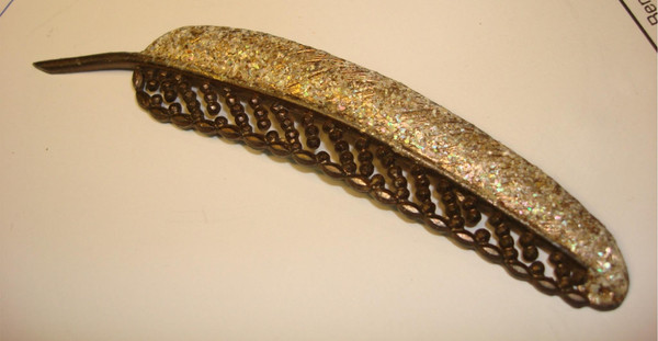 Antique Art Nouveau Plume Pin - Cut Steel & Crushed Mother of Pearl, 4.75