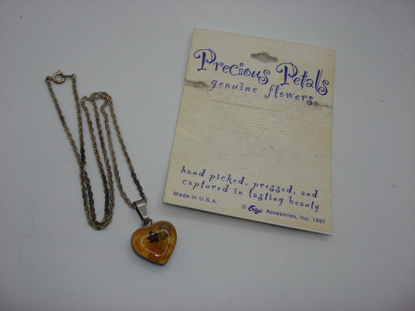 Vintage 1997 Mexico Pressed Flower Pendant Necklace -  Lucite Heart Charm