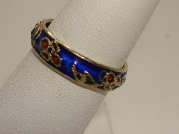 Vintage Art Deco Cloisonne Ring, Size 7 - Cobalt Blue Floral Design