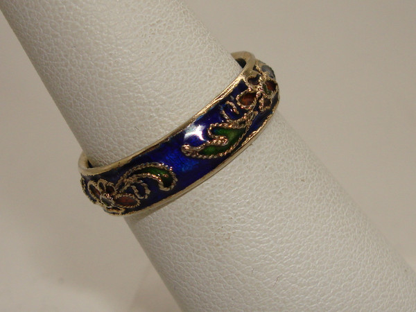 Vintage Art Deco Cloisonne Ring, Size 7 - Cobalt Blue Floral Design
