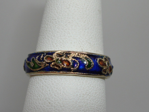 Vintage Art Deco Cloisonne Ring, Size 7 - Cobalt Blue Floral Design