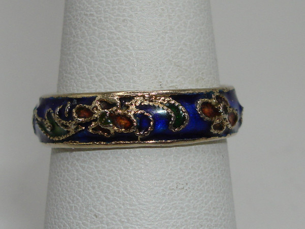 Vintage Art Deco Cloisonne Ring, Size 7 - Cobalt Blue Floral Design