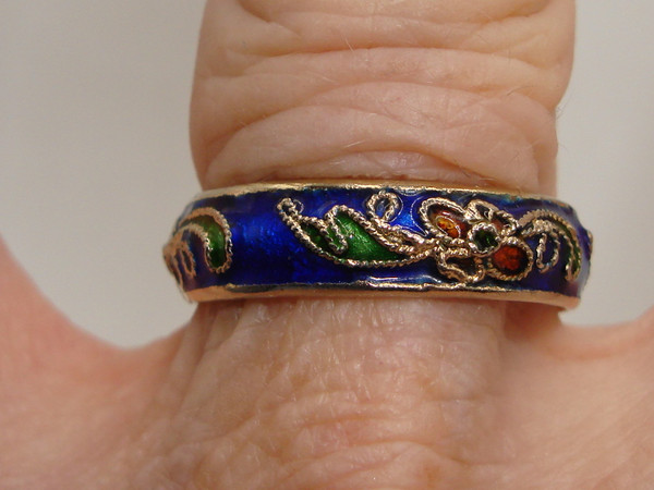 Vintage Art Deco Cloisonne Ring, Size 7 - Cobalt Blue Floral Design
