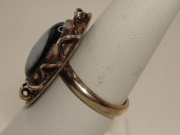 Vintage 1970s Sterling Silver Evil Eye Agate Ring - Size 8