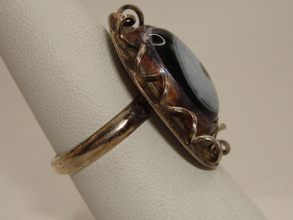 Vintage 1970s Sterling Silver Evil Eye Agate Ring - Size 8