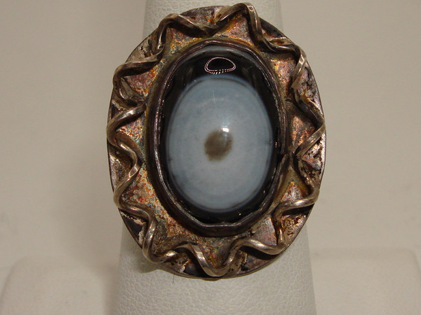 Vintage 1970s Sterling Silver Evil Eye Agate Ring - Size 8