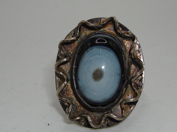 Vintage 1970s Sterling Silver Evil Eye Agate Ring - Size 8