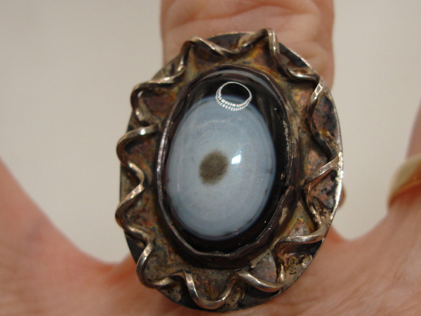 Vintage 1970s Sterling Silver Evil Eye Agate Ring - Size 8