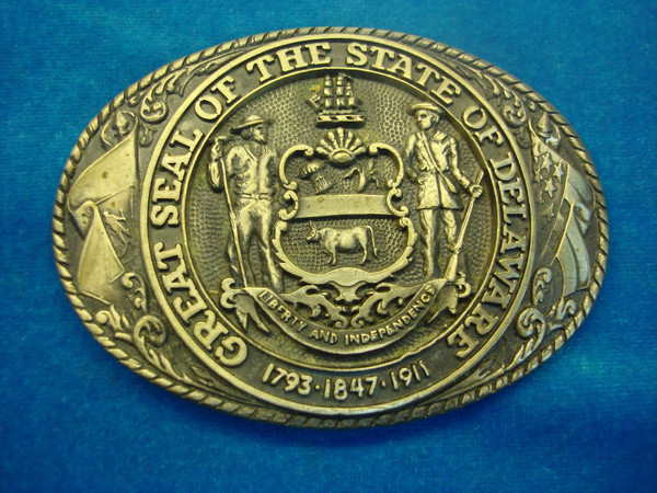 Vintage Tony Lama Delaware State Seal Buckle - Solid Brass, 4 Inch Collectible