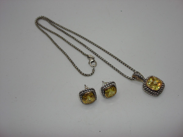 Vintage Sterling Silver & Lemon Quartz Pendant Necklace & Earrings Set (925 Italy)