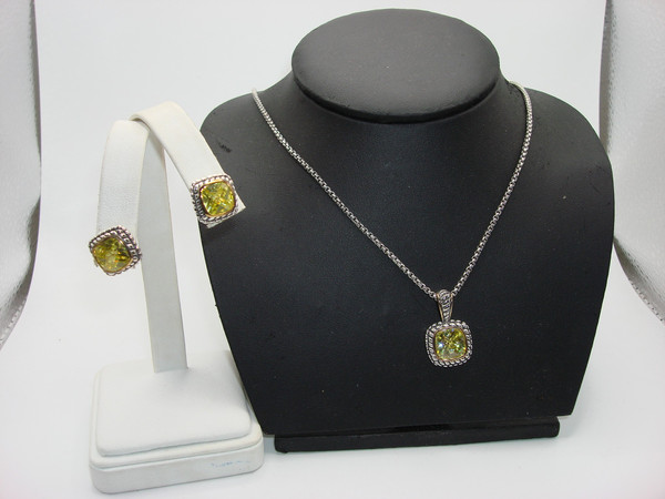 Vintage Sterling Silver & Lemon Quartz Pendant Necklace & Earrings Set (925 Italy)