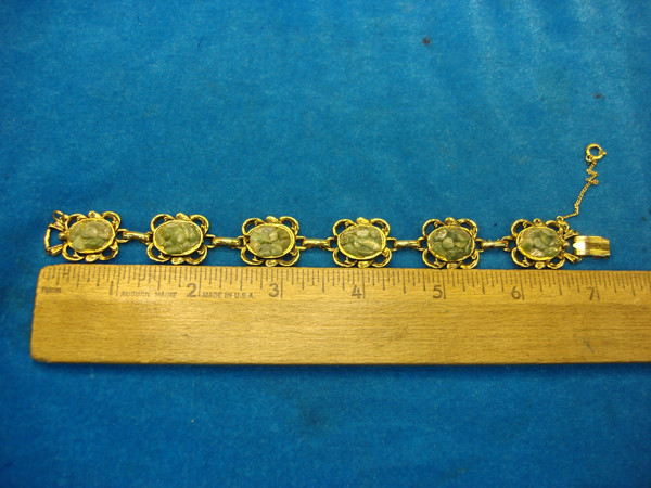 Vintage Gold Tone Bracelet w/ Green Stones - Estate Find, 7 Inch