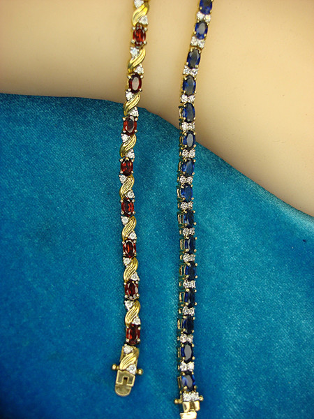 Vintage Gold Tone Bracelet Set - Red & Blue Stone Design (7 1/2 Inch)