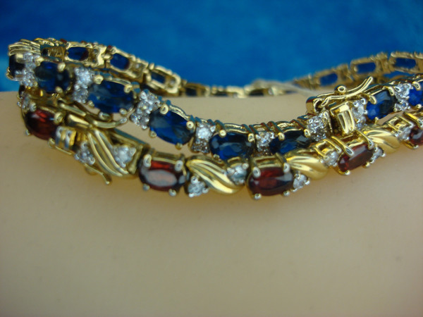 Vintage Gold Tone Bracelet Set - Red & Blue Stone Design (7 1/2 Inch)