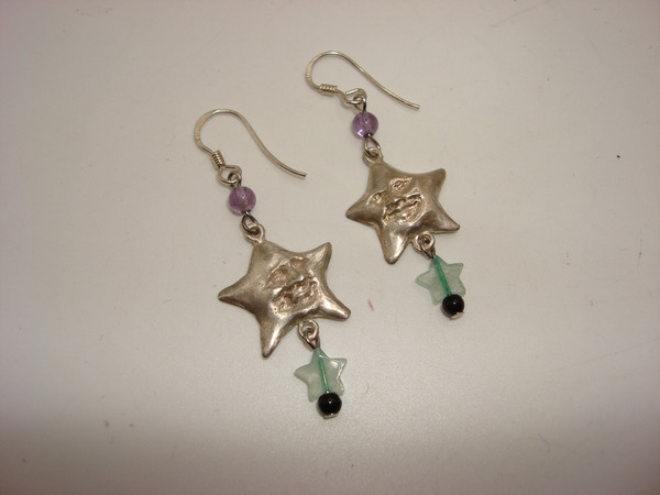 Vintage Lucy NYC Sterling Silver Star Earrings with Amethyst & Chrysoprase Dangles