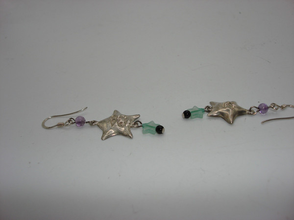Vintage Lucy NYC Sterling Silver Star Earrings with Amethyst & Chrysoprase Dangles