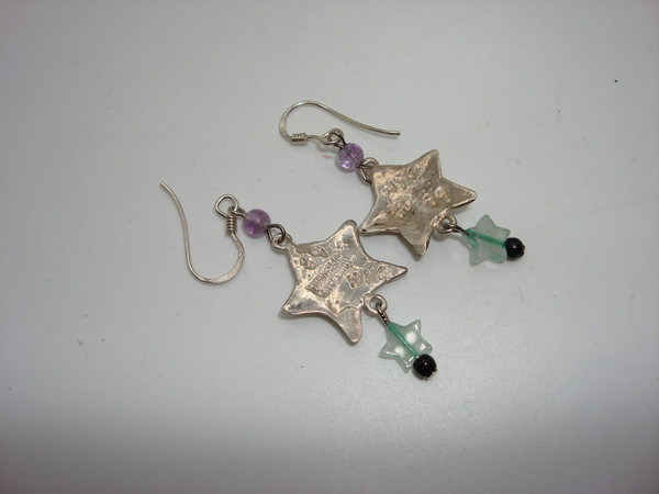 Vintage Lucy NYC Sterling Silver Star Earrings with Amethyst & Chrysoprase Dangles