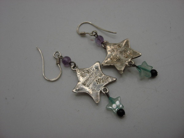 Vintage Lucy NYC Sterling Silver Star Earrings with Amethyst & Chrysoprase Dangles