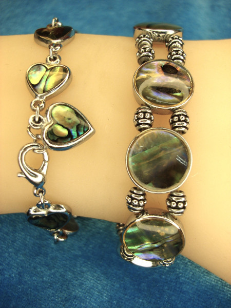 Vintage Silver Tone Bracelets Set with Abalone Inlay - Estate Jewelry