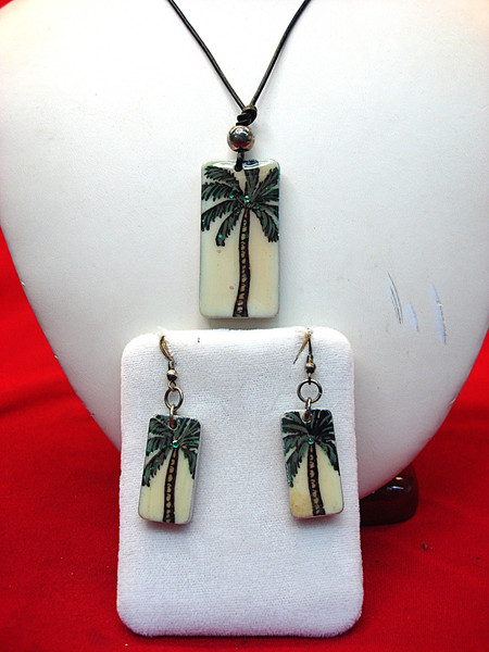 Artisan Palm Tree Jewelry Set on Gaming Tiles - Sterling Silver Earrings & Necklace