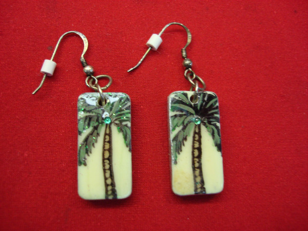 Artisan Palm Tree Jewelry Set on Gaming Tiles - Sterling Silver Earrings & Necklace