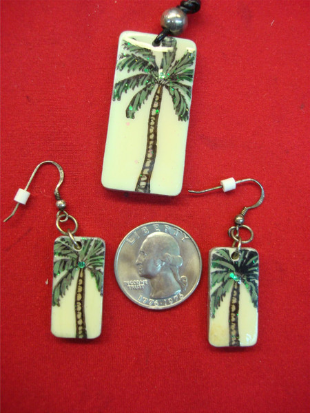 Artisan Palm Tree Jewelry Set on Gaming Tiles - Sterling Silver Earrings & Necklace