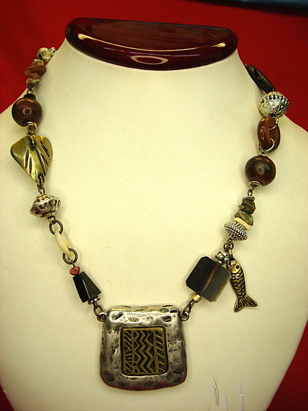 Preowned Chico's Signed Statement Necklace with Unique Objects (17-20 inches)