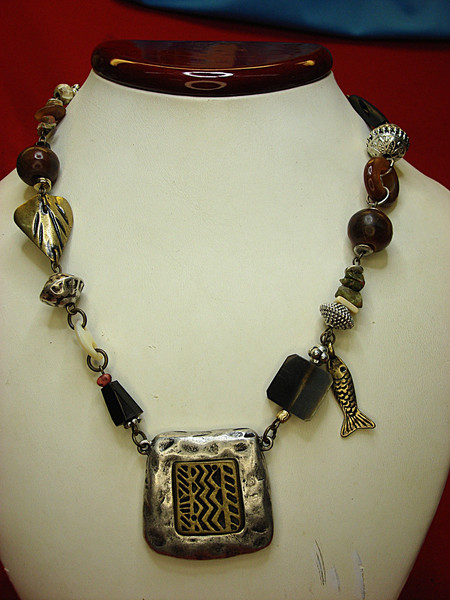 Preowned Chico's Signed Statement Necklace with Unique Objects (17-20 inches)
