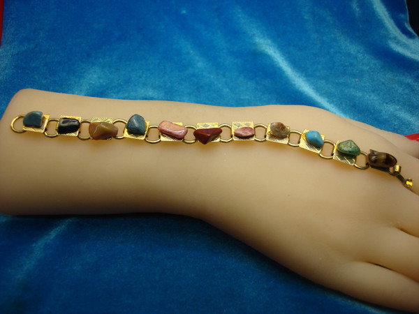 Gold Tone Bracelet with 11 Natural Gemstones - 7 Inch Multicolor Stacking Bracelet