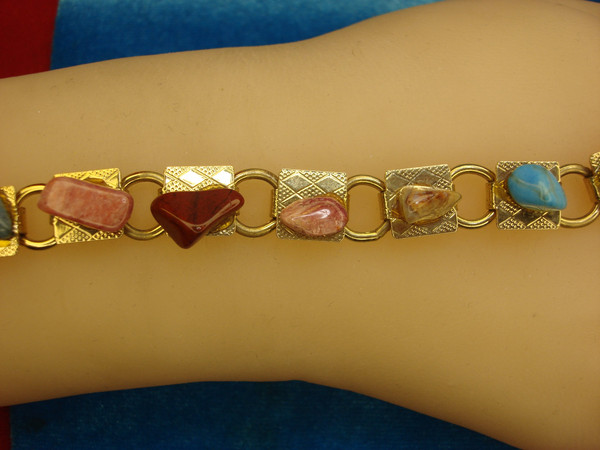 Gold Tone Bracelet with 11 Natural Gemstones - 7 Inch Multicolor Stacking Bracelet